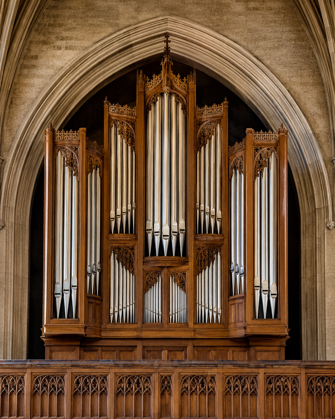 Organ pipes inside a church sanctuary